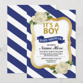 Het is een Boy Baby shower Navy Gold Stripe Invite Kaart (Voorkant / Achterkant)