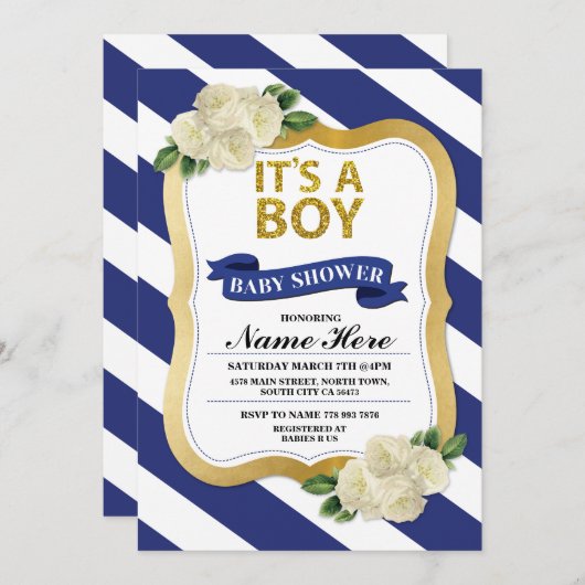Het is een Boy Baby shower Navy Gold Stripe Invite Kaart (Voorkant / Achterkant)