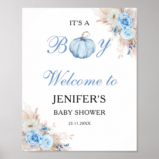 Het is een Boy Baby shower Pumpkin welkom bord Poster (Voorkant)