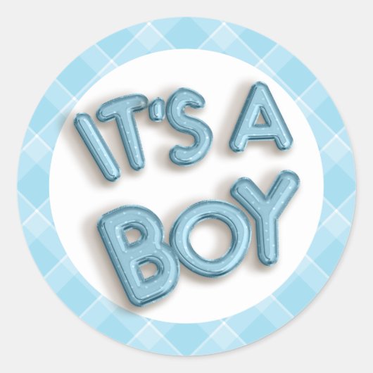 Het is een Boy Baby shower Sticker – Blauw & Wit R (Voorkant)