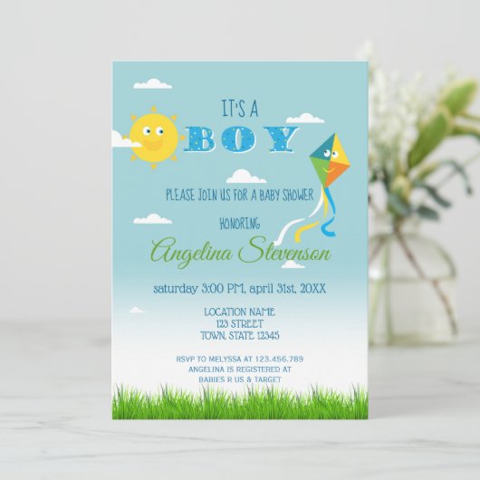 Het is een Boy Baby shower Sun Kite Schattige Spri Kaart (Staand voorkant)