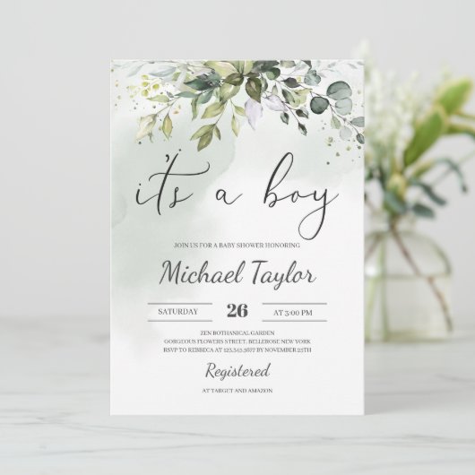 Het is een Boy Baby shower Uitnodiging Groen Boho (Staand voorkant)