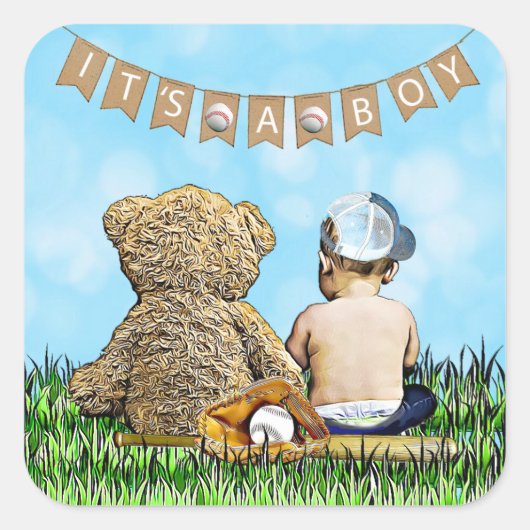 Het is een Boy, Baseball Theme Baby shower Seals Vierkante Sticker (Voorkant)