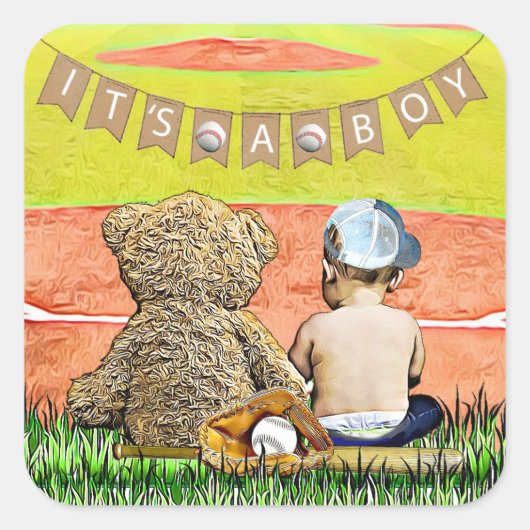 Het is een Boy, Baseball Theme Baby shower Seals Vierkante Sticker (Voorkant)
