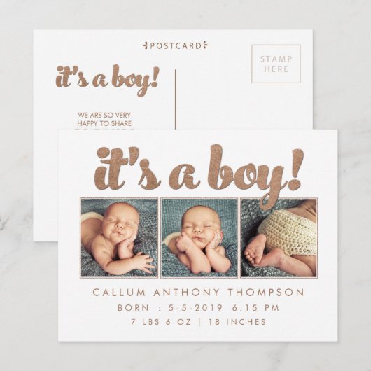 Het is een Boy Birth Announcement Photo Briefkaart (Voorkant / Achterkant)
