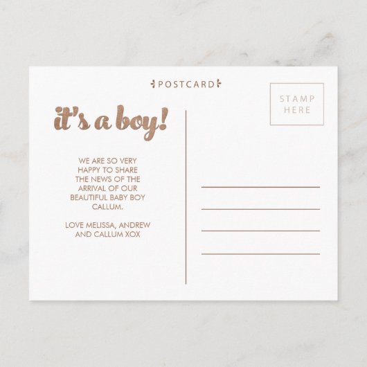 Het is een Boy Birth Announcement Photo Briefkaart (Achterkant)