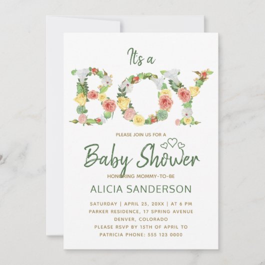 Het is een BOY bloemenalfabet script baby shower Kaart (Voorkant)