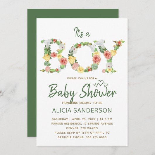 Het is een BOY bloemenalfabet script baby shower Kaart (Voorkant / Achterkant)