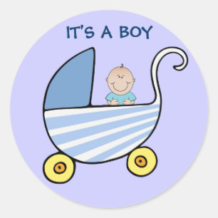 Het is een 'Boy Blue Baby Carriage Shower'-aankond Ronde Sticker