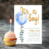 Het is een Boy Blue Balloon Baby shower Gold Scrip Kaart