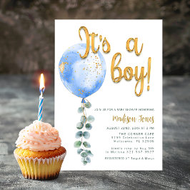 Het is een Boy Blue Balloon Baby shower Gold Scrip Kaart