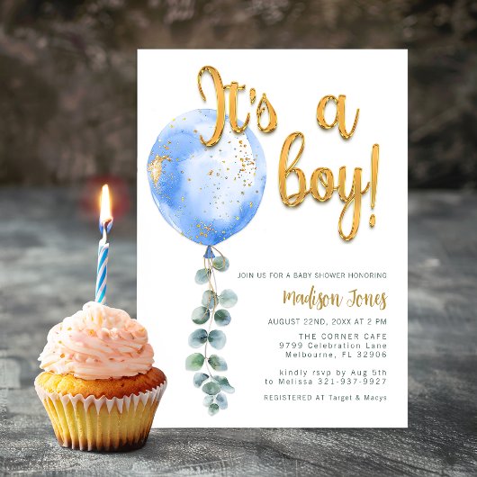 Het is een Boy Blue Balloon Baby shower Gold Scrip Kaart