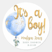 Het is een Boy Blue Balloon Baby shower Sticker (Voorkant)