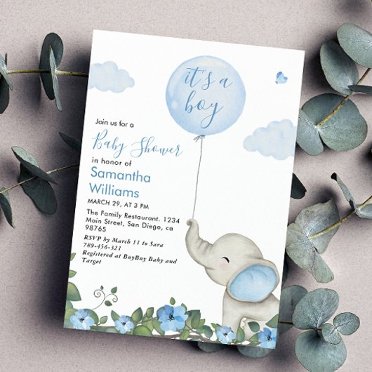 Het is een Boy Blue Balloon Elephant Baby shower Kaart