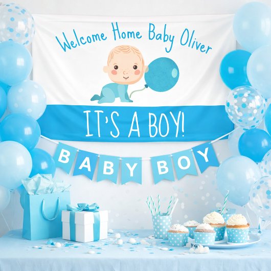 Het is een Boy Blue Balloon Welkom thuis Spandoek