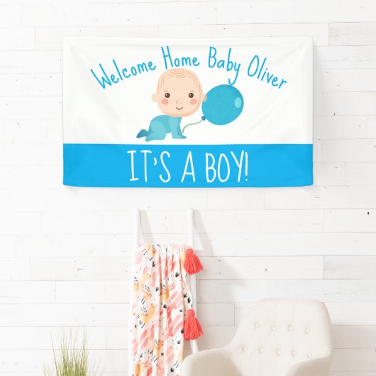 Het is een Boy Blue Balloon Welkom thuis Spandoek (Insitu)