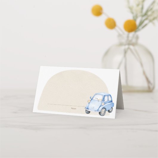 Het is een Boy Blue Boho Baby shower Car Speelgoed Plaatskaartje (Voorkant)