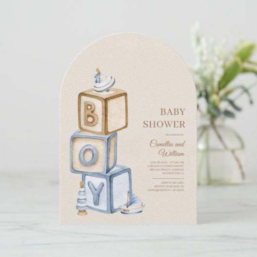 Het is een Boy Blue Boho Blocks Baby shower Arch Kaart (Staand voorkant)