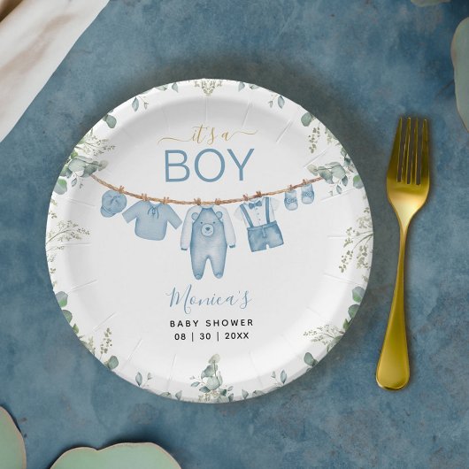 Het is een Boy Blue Boho kleding groen Baby shower Papieren Bordje