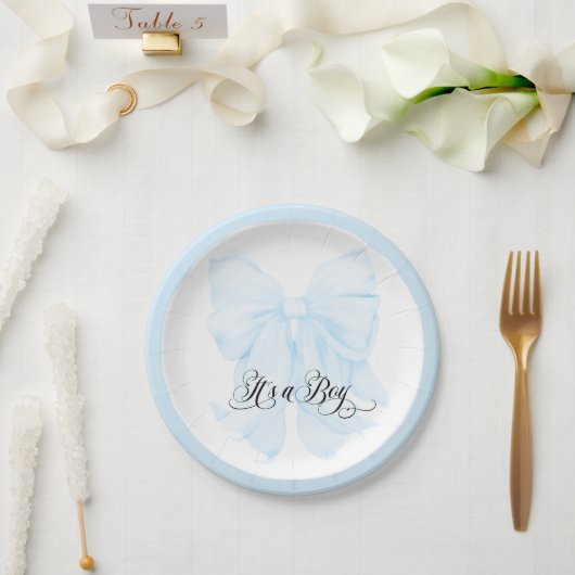 Het is een Boy Blue Bow Modern Elegant Baby shower Papieren Bordje (Huwelijk)