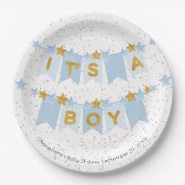 Het is een Boy Blue Bunting Flags Baby shower Papieren Bordje