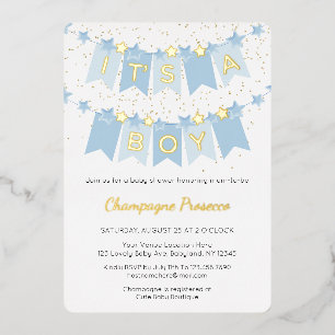 Het is een Boy Blue Bunting Flags Photo Baby showe Folie Uitnodiging