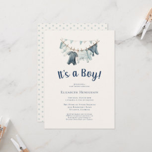 Het is een Boy Blue Clothesline Baby shower Kaart