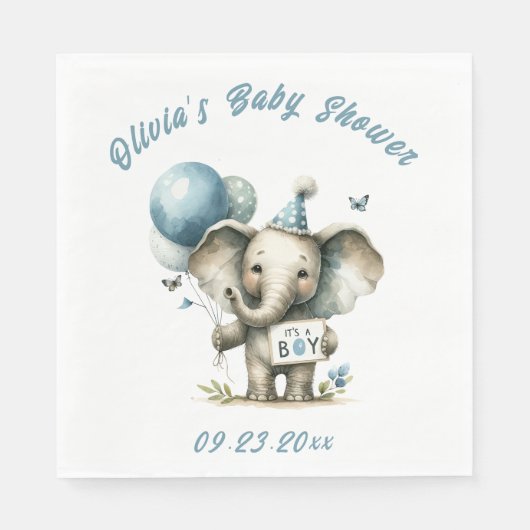 Het is een Boy Blue Elephant Animal Theme Baby sho Servet (Voorkant)