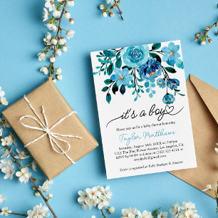 Het is een Boy Blue Floral Waterverf Baby shower Kaart