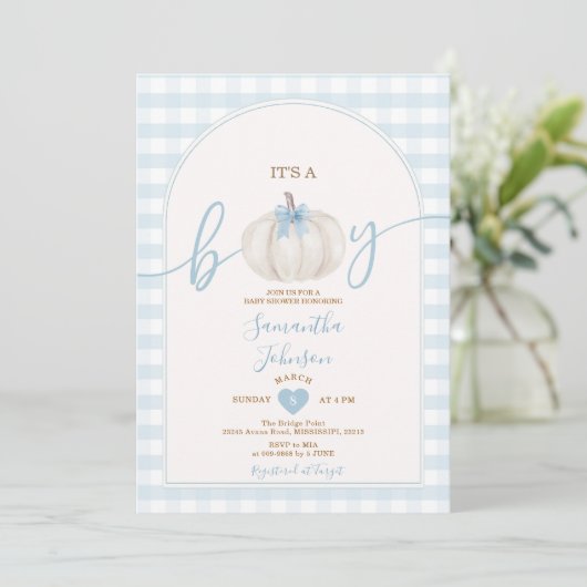 Het is een Boy Blue Gingham White Pumpkin Baby sho Kaart