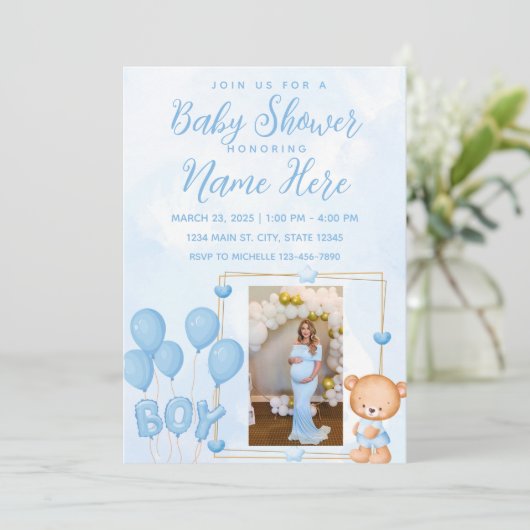 Het is een Boy Blue Gold Custom Photo Baby shower Kaart (Staand voorkant)