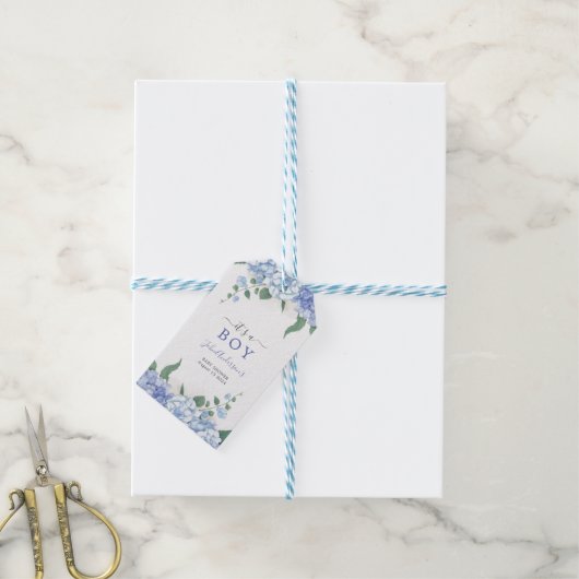 Het is een Boy Blue Hydrangea Botanisch Baby showe Cadeaulabel (Met Touw)