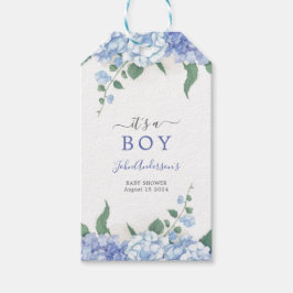 Het is een Boy Blue Hydrangea Botanisch Baby showe Cadeaulabel