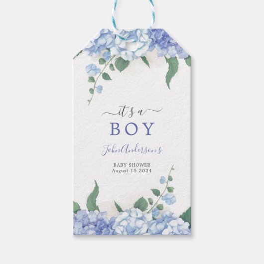 Het is een Boy Blue Hydrangea Botanisch Baby showe Cadeaulabel (Voorkant)