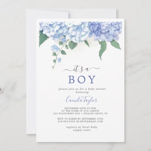 Het is een Boy Blue Hydrangea Botanisch Baby showe Kaart (Voorkant)