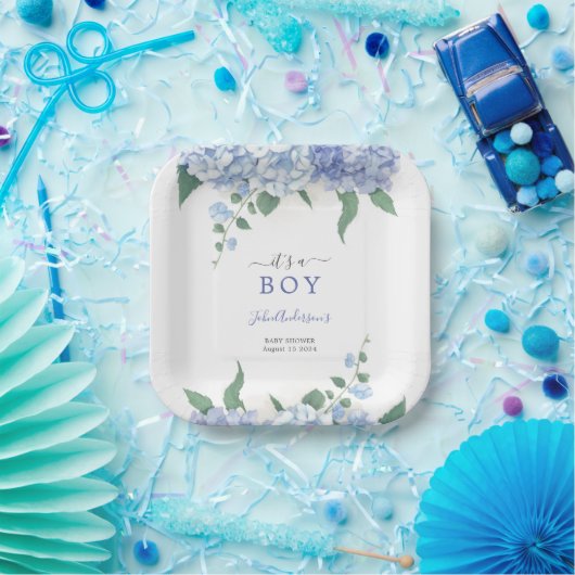 Het is een Boy Blue Hydrangea Botanisch Baby showe Papieren Bordje (Feest)