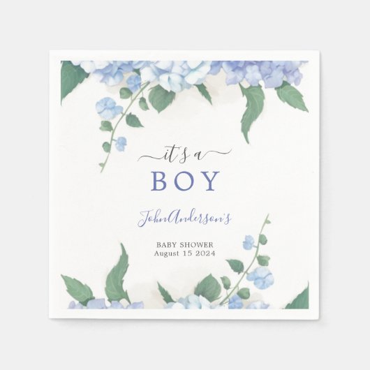 Het is een Boy Blue Hydrangea Botanisch Baby showe Servet (Voorkant)