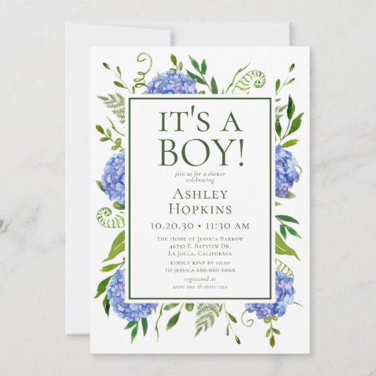 Het is een Boy Blue Hydrangeas Baby shower Kaart (Voorkant)