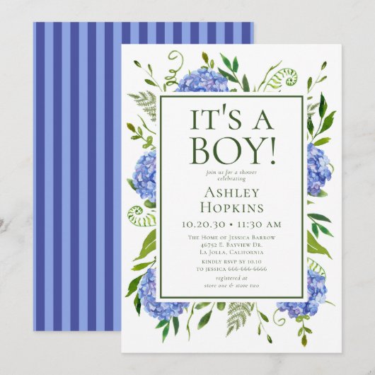Het is een Boy Blue Hydrangeas Baby shower Kaart (Voorkant / Achterkant)