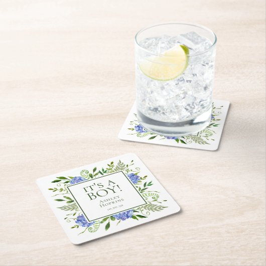 Het is een Boy Blue Hydrangeas Boy Baby shower Kartonnen Onderzetters (Insitu)