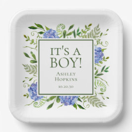 Het is een Boy Blue Hydrangeas Boy Baby shower Papieren Bordje