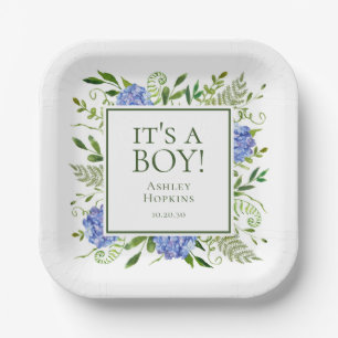 Het is een Boy Blue Hydrangeas Boy Baby shower Papieren Bordje