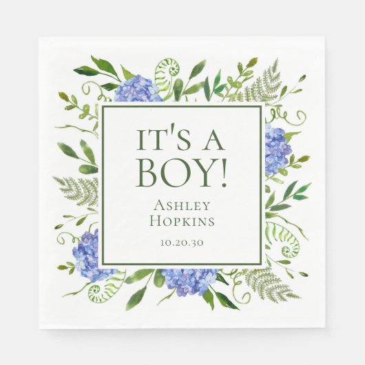 Het is een Boy Blue Hydrangeas Boy Baby shower Servet (Voorkant)
