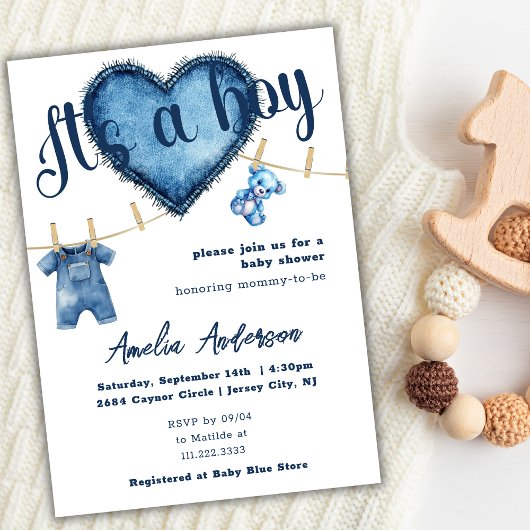 Het is een Boy Blue Jeans Baby shower Kaart