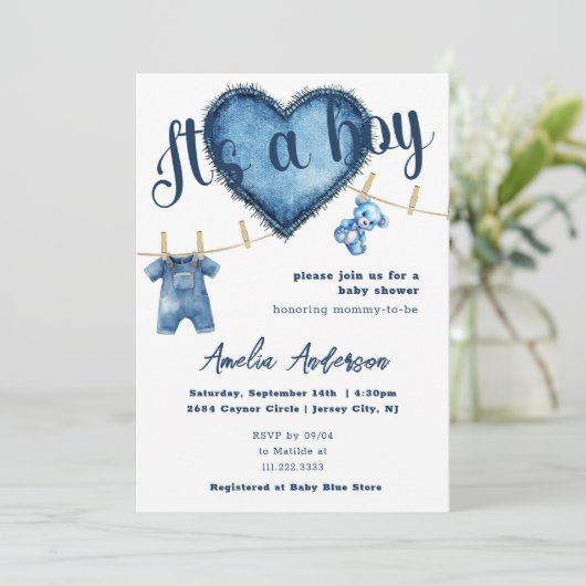 Het is een Boy Blue Jeans Baby shower Kaart (Staand voorkant)