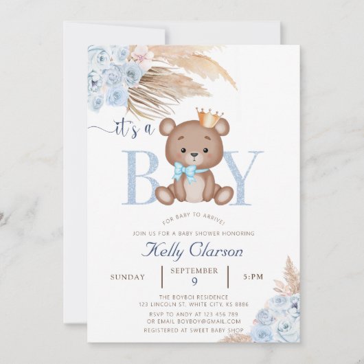 Het is een BOY Blue Pampas Grass Boho Teddy Bear B Kaart (Voorkant)