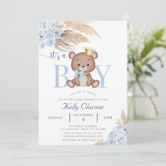 Het is een BOY Blue Pampas Grass Boho Teddy Bear B Kaart (Staand voorkant)