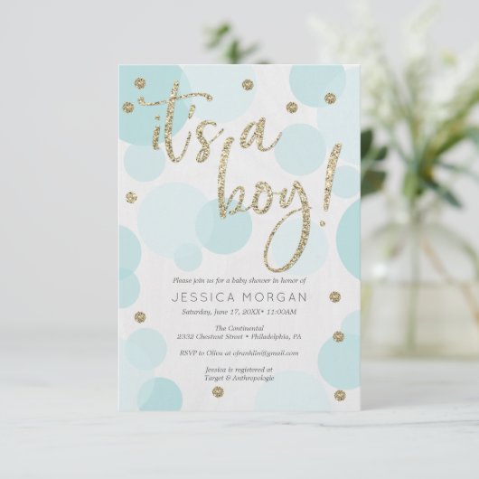Het is een Boy Blue Polka Dot Baby Shower Uitnodig Kaart (Staand voorkant)