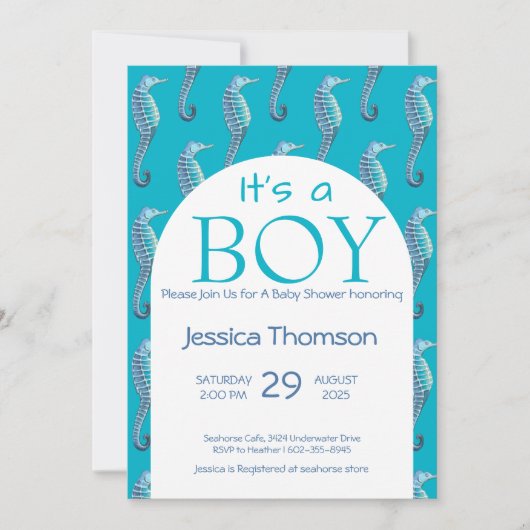 Het is een BOY Blue Seahorse Baby shower Invitatio Kaart (Voorkant)