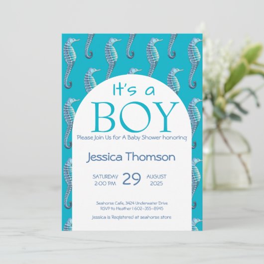 Het is een BOY Blue Seahorse Baby shower Invitatio Kaart (Staand voorkant)